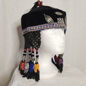 Vintage Handmade Afghani Kuchi Hat Black With Braided Tassles Metal Adornment